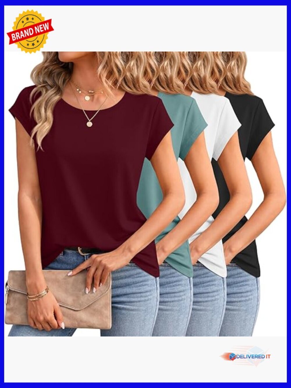 4 Pack Cap Sleeve T-Shirts Women's Loose Fit Crewneck Summer Tops